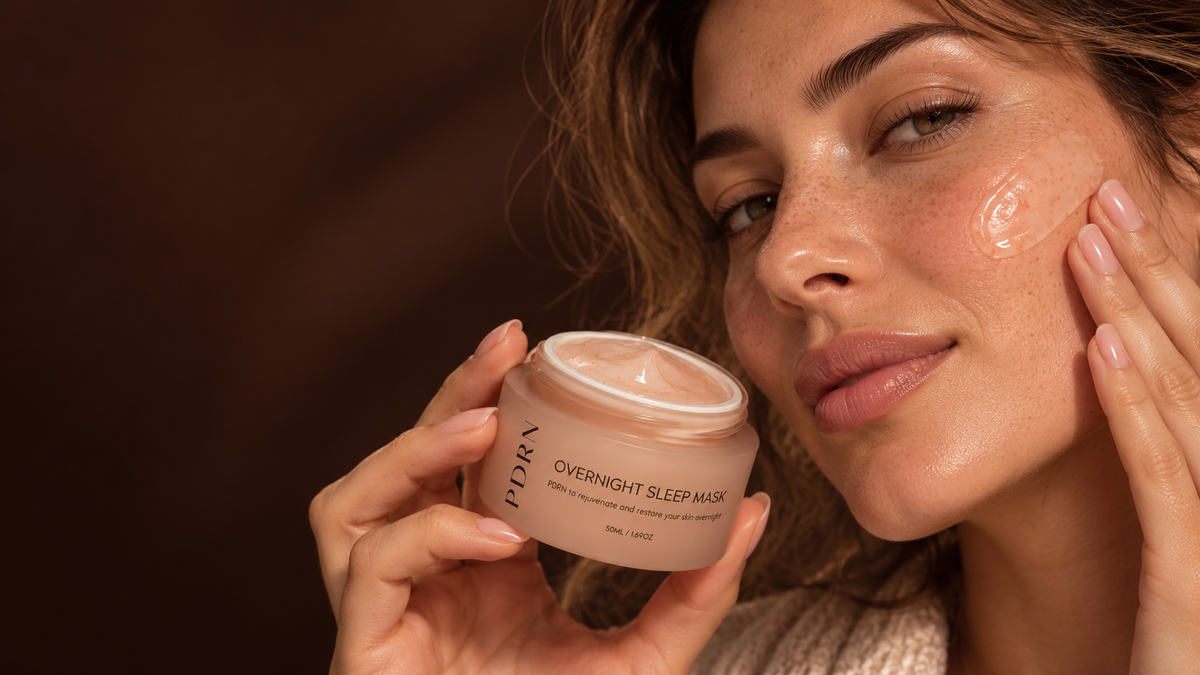 Woman holding the LAB33 PDRN Overnight Sleep Mask, with the mask applied to her cheek